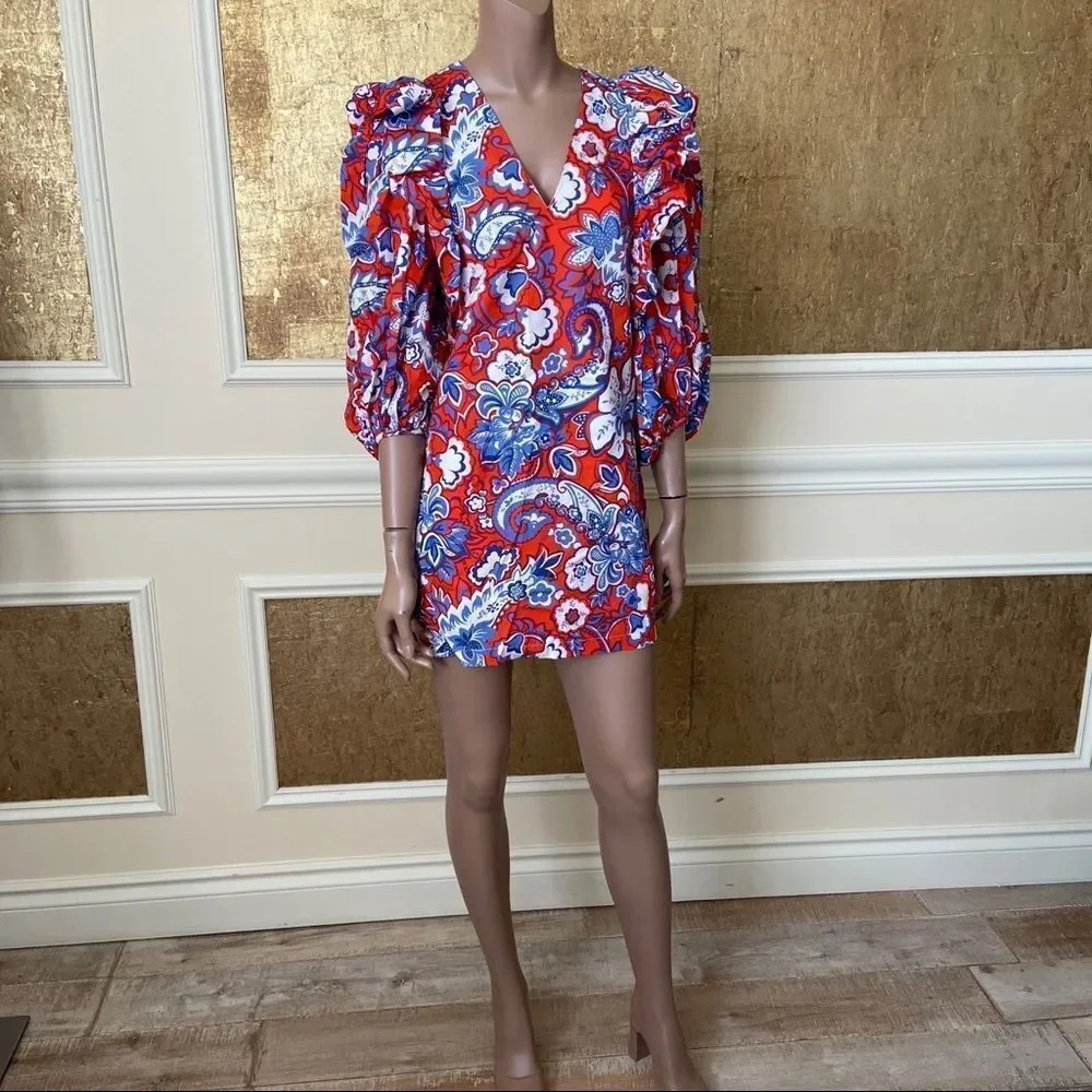 NWT! ZARA blue/red floral print ruffled mini boho dress XS